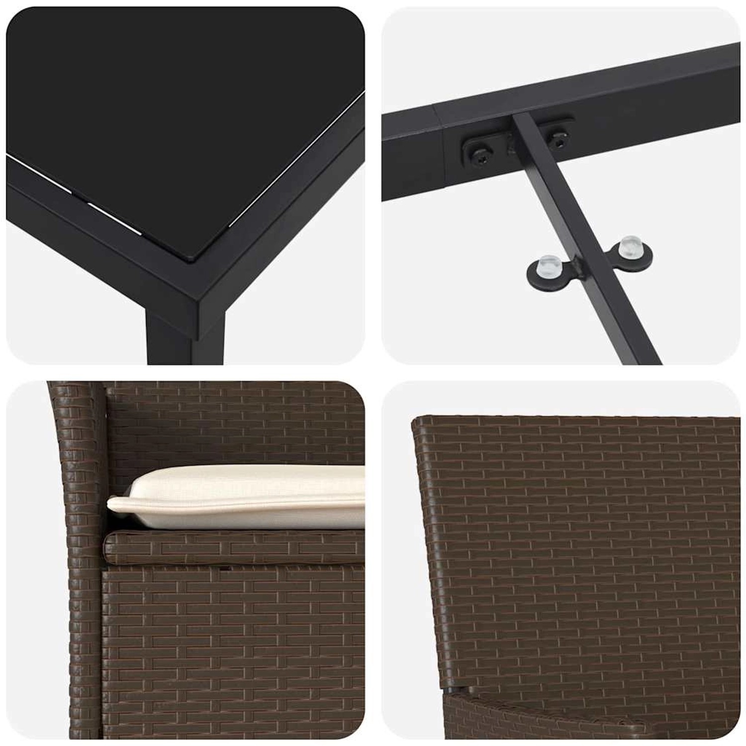 Detailansichten der braunen vidaXL Garten Essgruppe aus Polyrattan mit Tischplatte aus Glas und Sitzkissen.