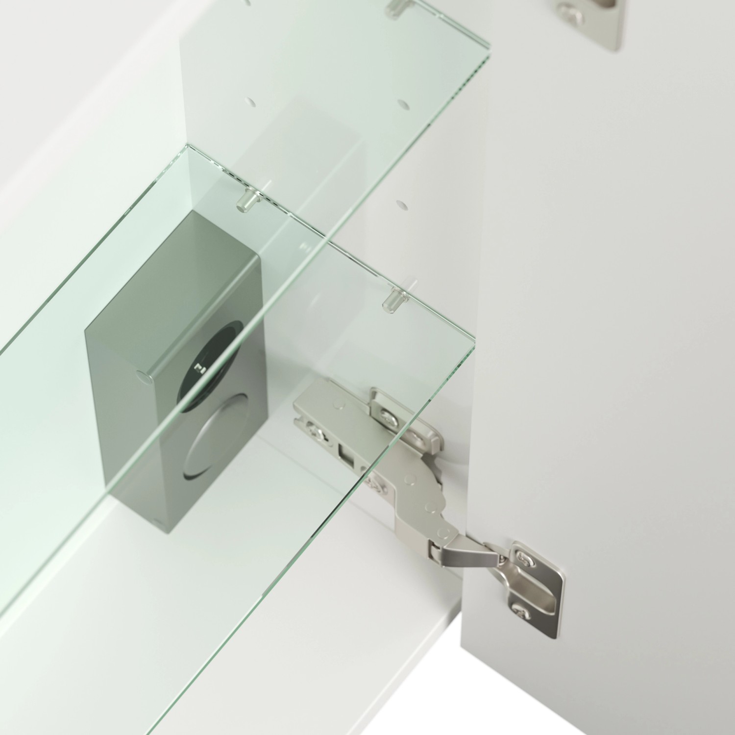 Offener Posseik Spiegelschrank 60 cm, weiße Hochglanzfront, Glasböden und LED-Lampe.