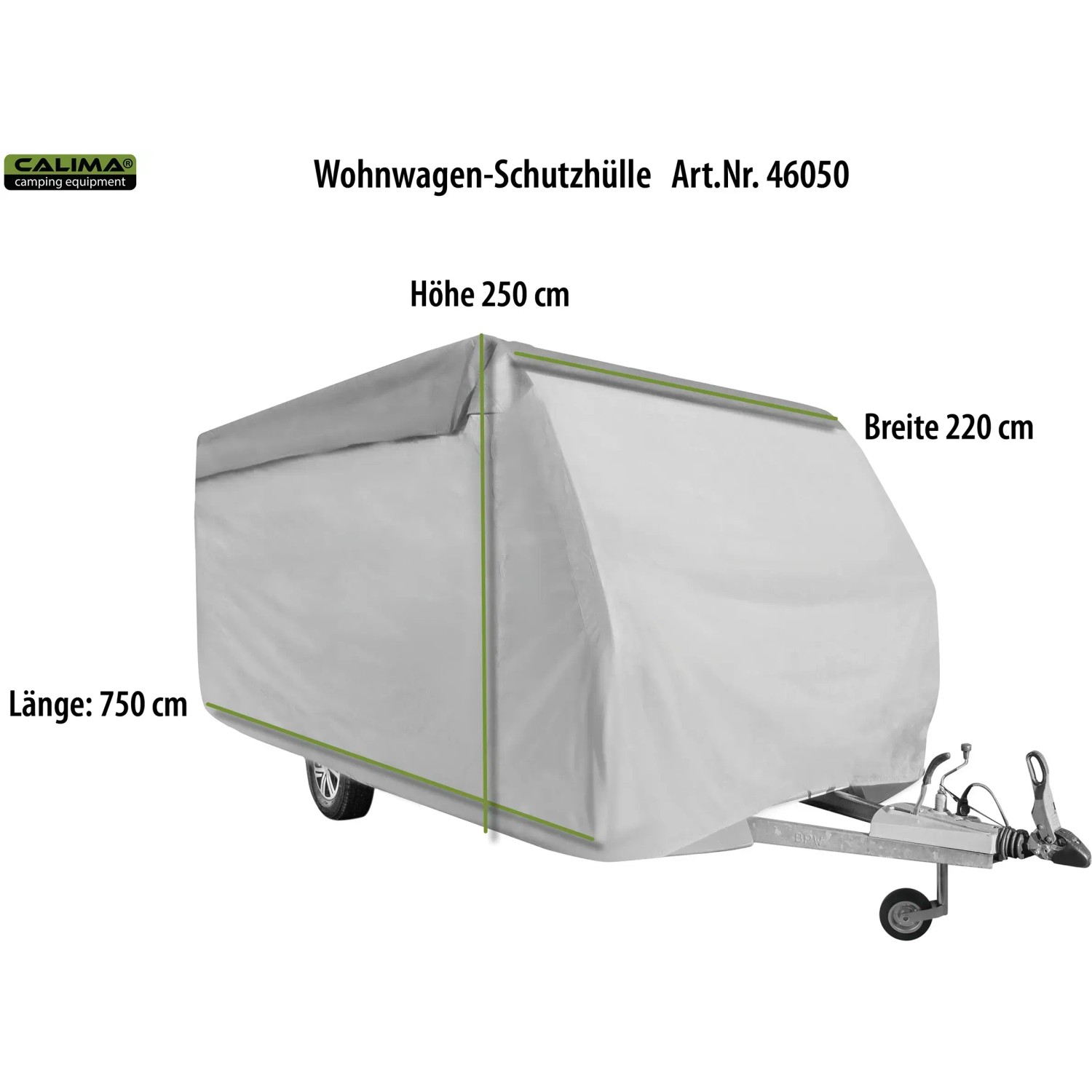 Graue Wohnwagen Schutzhülle 750x250x220cm mit Überziehhilfe und Tasche schützt vor Frost und Schmutz.