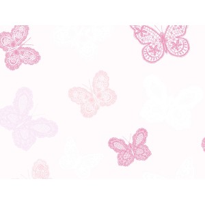 Rosa Vliestapete mit filigranen Schmetterlingen für Kinderzimmer.