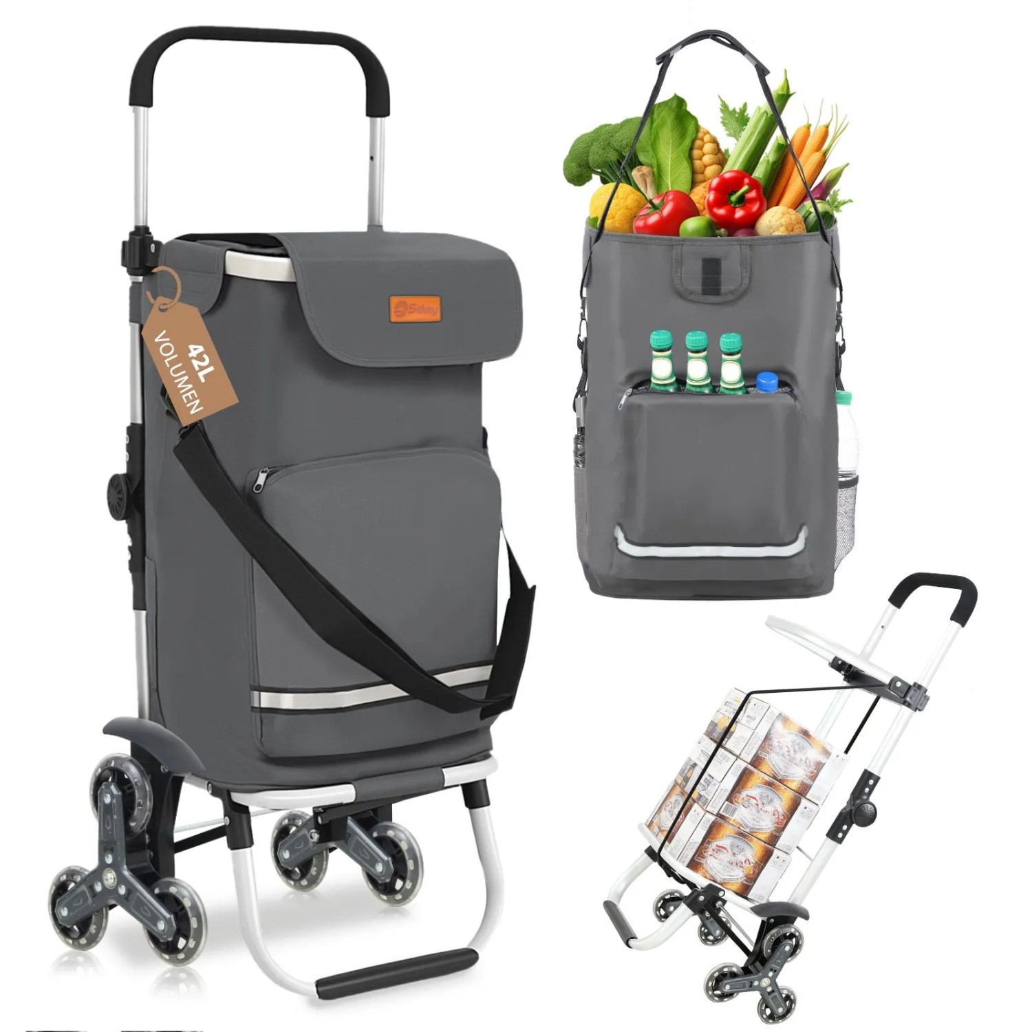 Sekey 3-in-1 Faltbarer Einkaufstrolley Treppensteiger mit Kühlfach und Spanngurt Grau