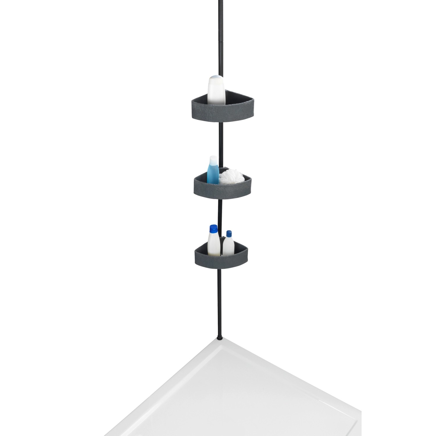 Wenko Teleskop-Eckregal Villata, schwarz-grau, mit 3 Körben zur Badaufbewahrung in der Dusche.