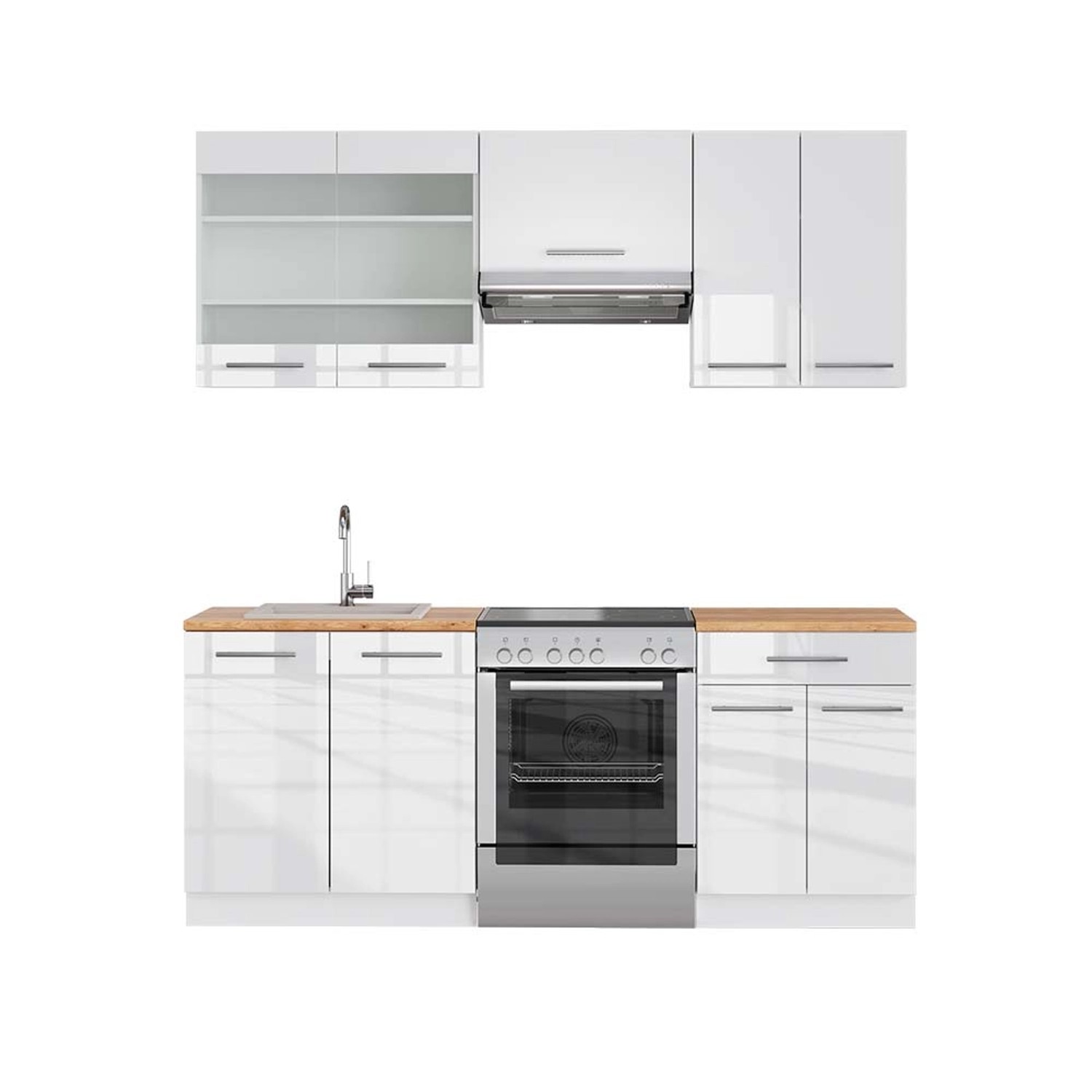 Vicco Fame-Line Küchenschränke Weiß Hochglanz/Weiß 200 cm AP Eiche günstig online kaufen