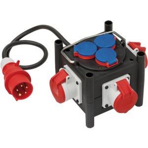 Brennenstuhl Baustromverteiler aus Gummi, CEE 16A, IP44, mit 1m Kabel. Schwarz, mit roten und blauen Details.