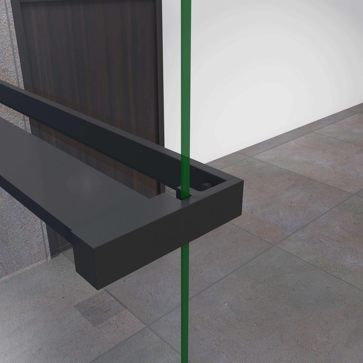 Schwarzes AICA Duschregal 90cm mit Handtuchhalter für Duschwand.