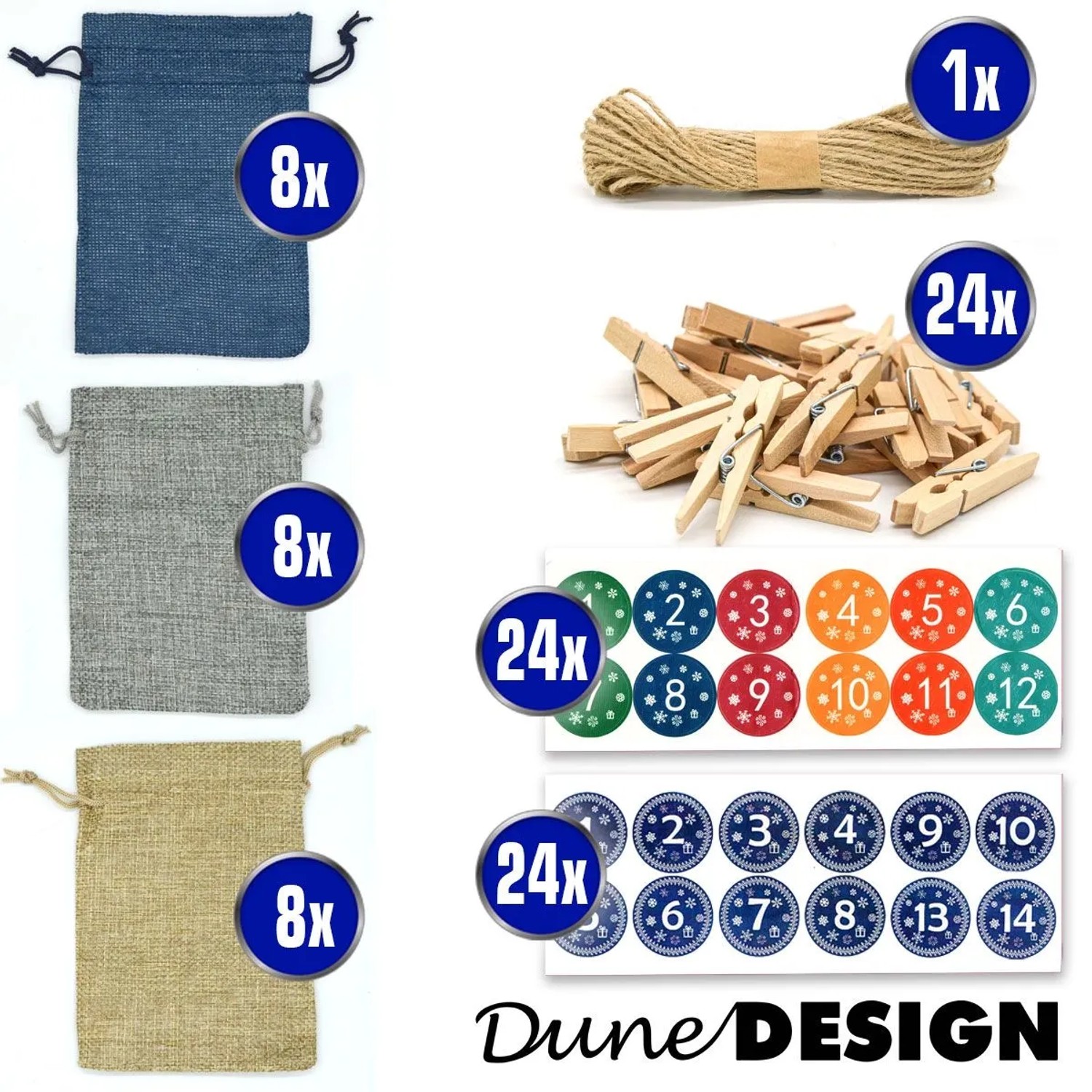 DIY Adventskalender Set: 24 blaue, graue, beige Säckchen, Zahlen-Sticker, Holzklammern & Schnur zum Selbstbefüllen.