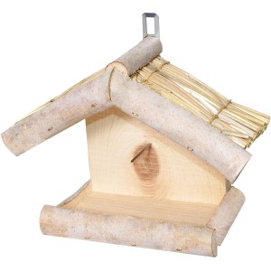 Vogelfutterstation aus Holz mit Strohdach und Aufhängevorrichtung.