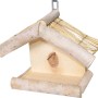 Vogelfutterstation aus Holz mit Strohdach und Aufhängevorrichtung.