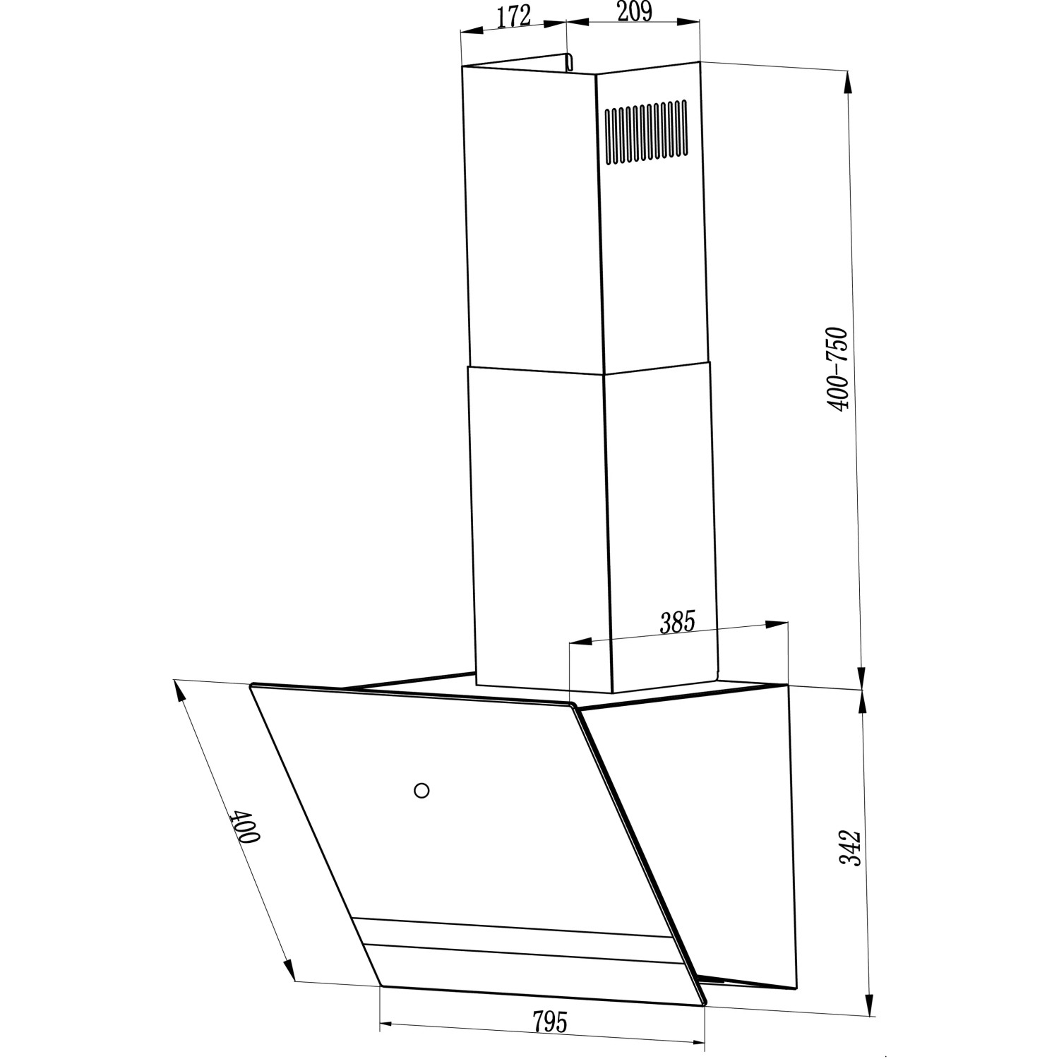 Respekta CH24080SM Design-Schräghaube in Schwarz, Schema mit Maßen.