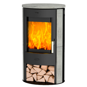 Fireplace Zaria Kaminofen, Speckstein, 6 kW, mit Holzscheiten im unteren Fach.
