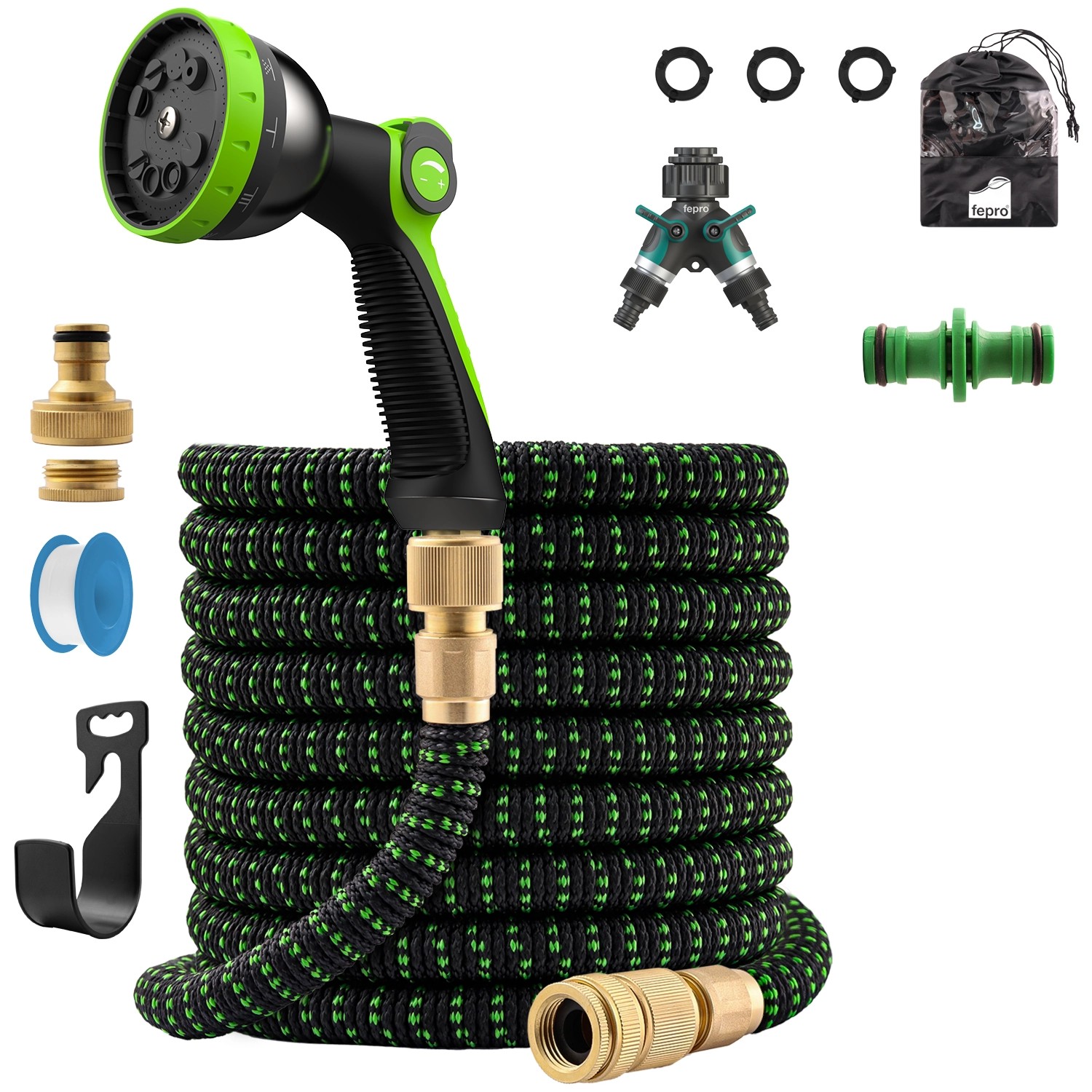 Fepro Flexibler Gartenschlauch Premium 30m inkl. Brause und Messing-Adapter