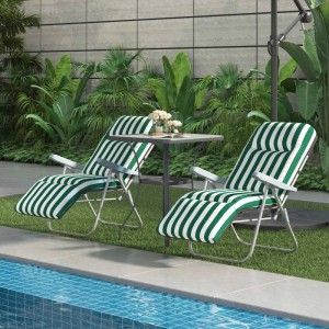 Outsunny Gartenstuhl, verstellbar, mit grün-weiß gestreifter Polsterung und Armlehnen. Sonnenliege für Garten oder Terrasse.