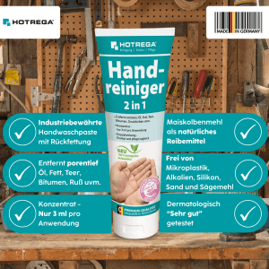 Hotrega Handreiniger 2in1 Tube, 250 ml. Entfernt Öl, Fett, Teer mit Maismehl-Reibemittel und pflegt die Hände.