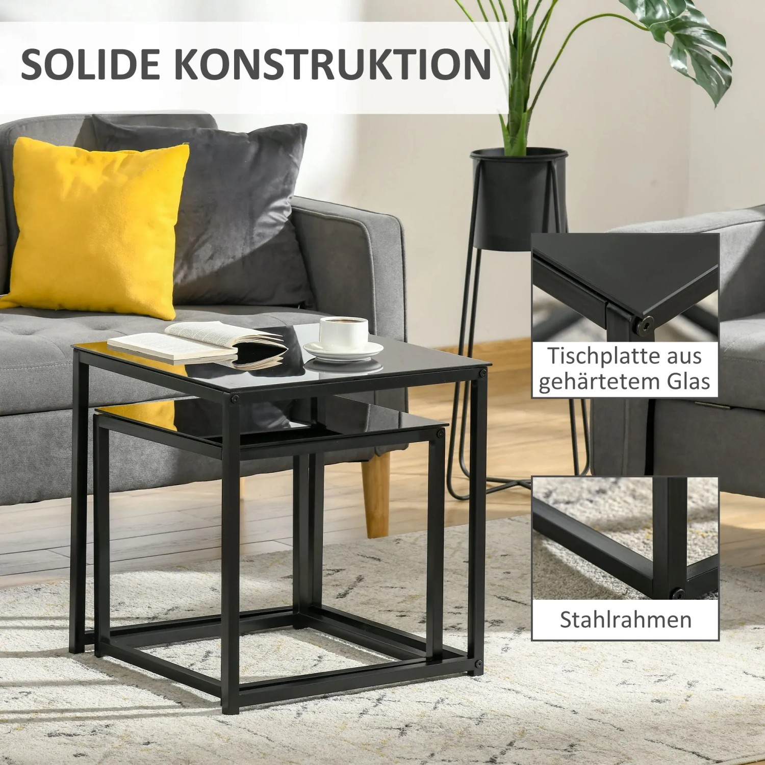 ChooChoo Beistelltisch 2er Set Im X-Design – Moderner Couchtisch Mit Ablage, Schwarz