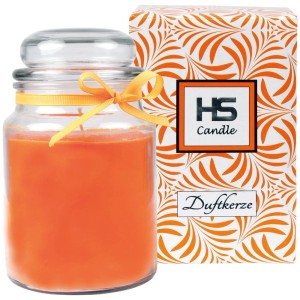 HS Candle Duftkerze Honigmelone im Glas mit Schleife, daneben die Verpackung.