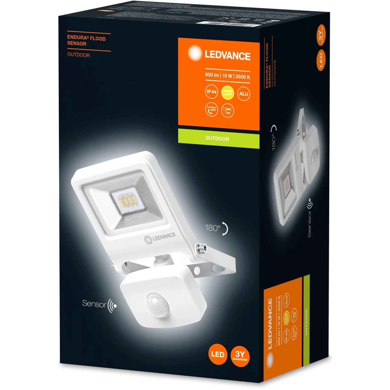 Ledvance LED-Außenstrahler Endura Flood mit Sensor, 10W, 3000K, Weiß, in Produktverpackung.