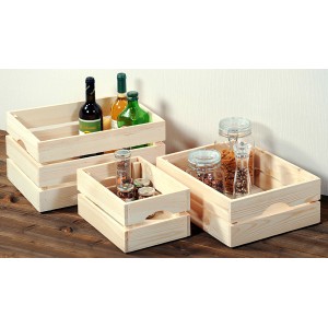 Kesper Holzkisten Kiefer, 9 l, verschiedene Größen, gefüllt mit Lebensmitteln, als Aufbewahrungsboxen.