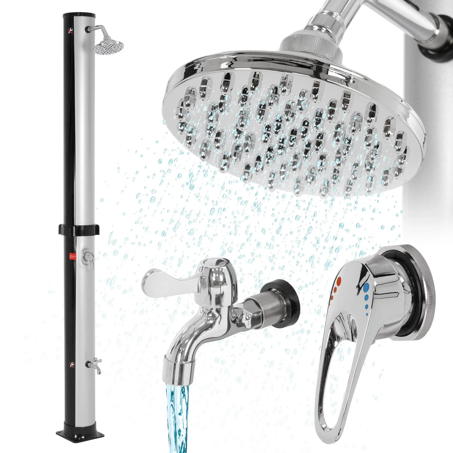 ML-Design Solardusche 35L, 217,5cm, silber-schwarz mit Regenduschkopf und Fußdusche für den Garten.