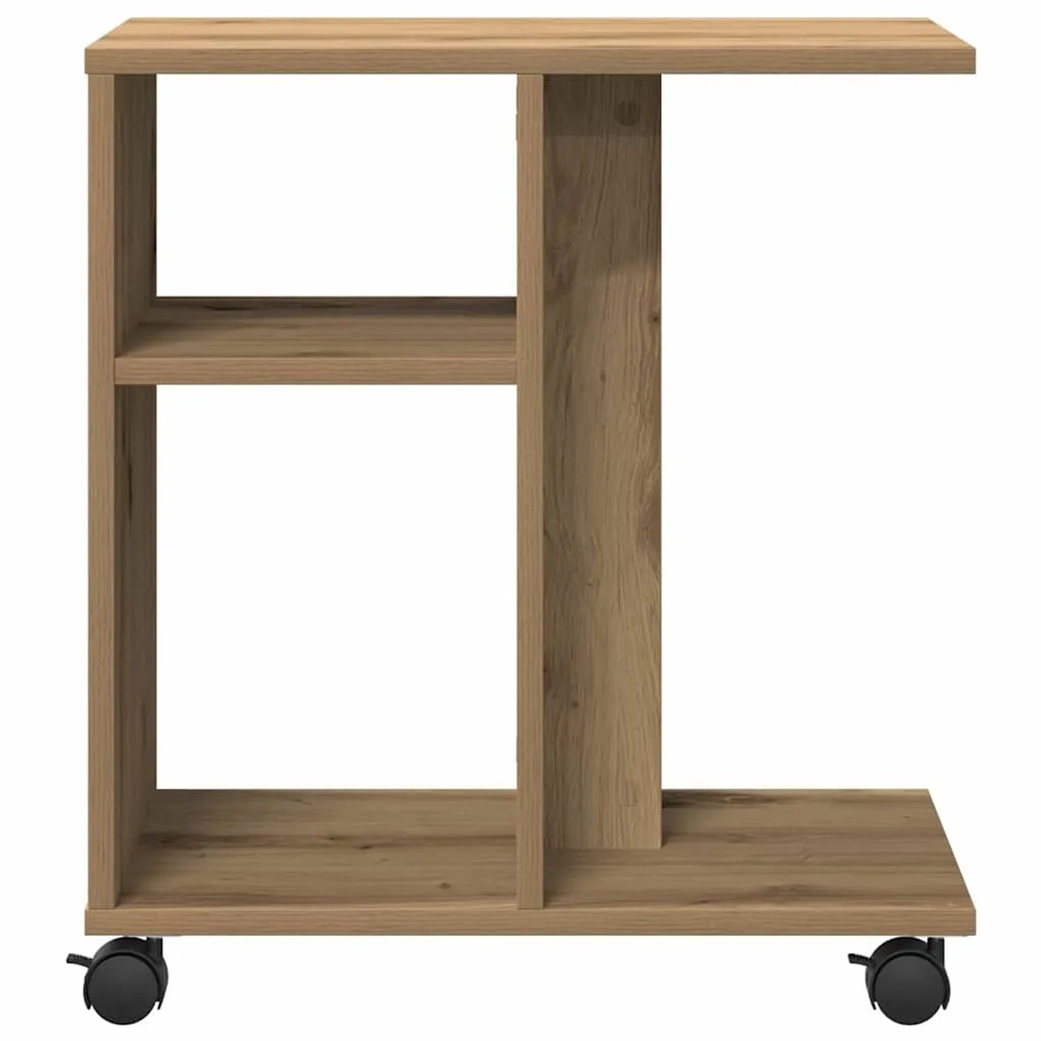 vidaXL Beistelltisch Eiche-Optik mit Regal und Rollen. Moderner Holzwerkstoff-Tisch, 50x30x55 cm.