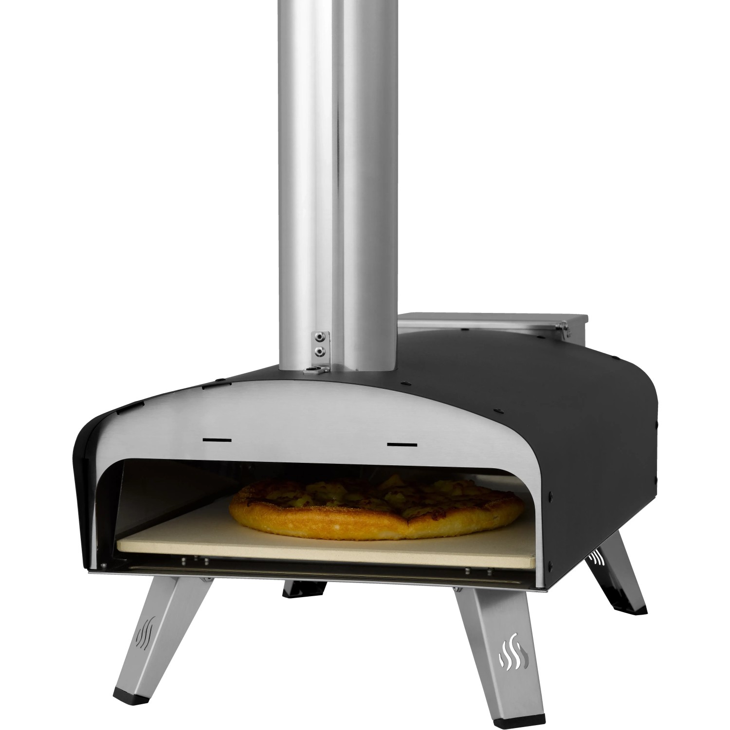 Tepro Pellet-Pizzaofen Danbury, schwarz-silberner Ofen mit Pizza und Edelstahl-Schornstein.