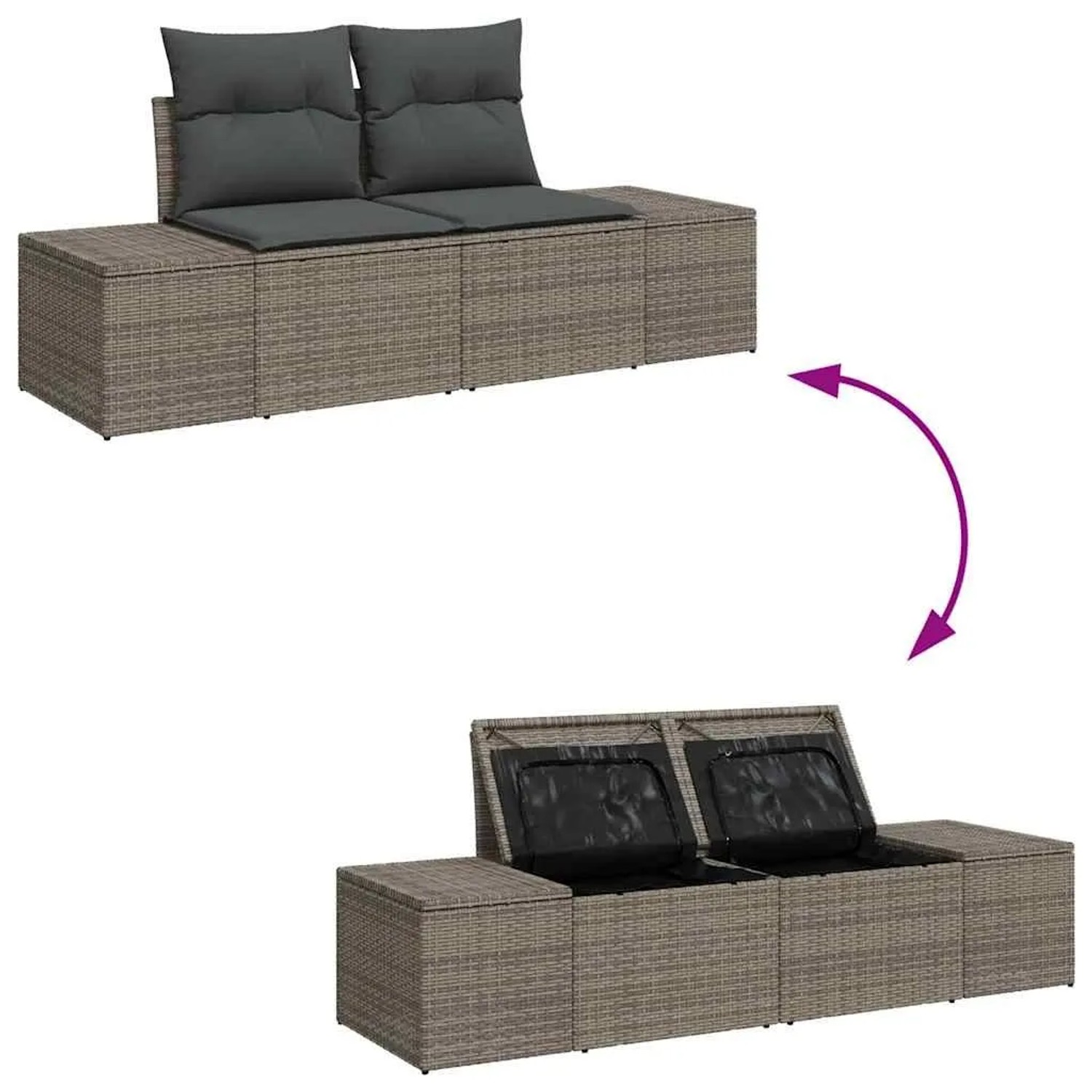 Graues 5-teiliges Garten-Sofa-Set aus Rattan mit Stauraum, bestehend aus Sofas, Kissen und Tisch.