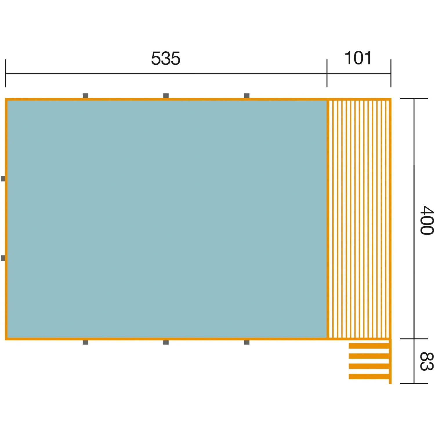 Draufsicht Weka Massivholzpool mit Sonnendeck und Maßen 490x644x203 cm.