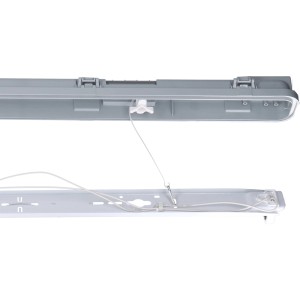 Graue LED-Feuchtraumleuchte, 60 cm, mit geöffnetem Gehäuse zur Montage.