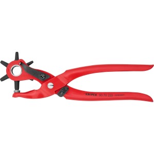 Rote Knipex Revolverlochzange, 220 mm, mit sechs Lochpfeifen zum Stanzen von Löchern.