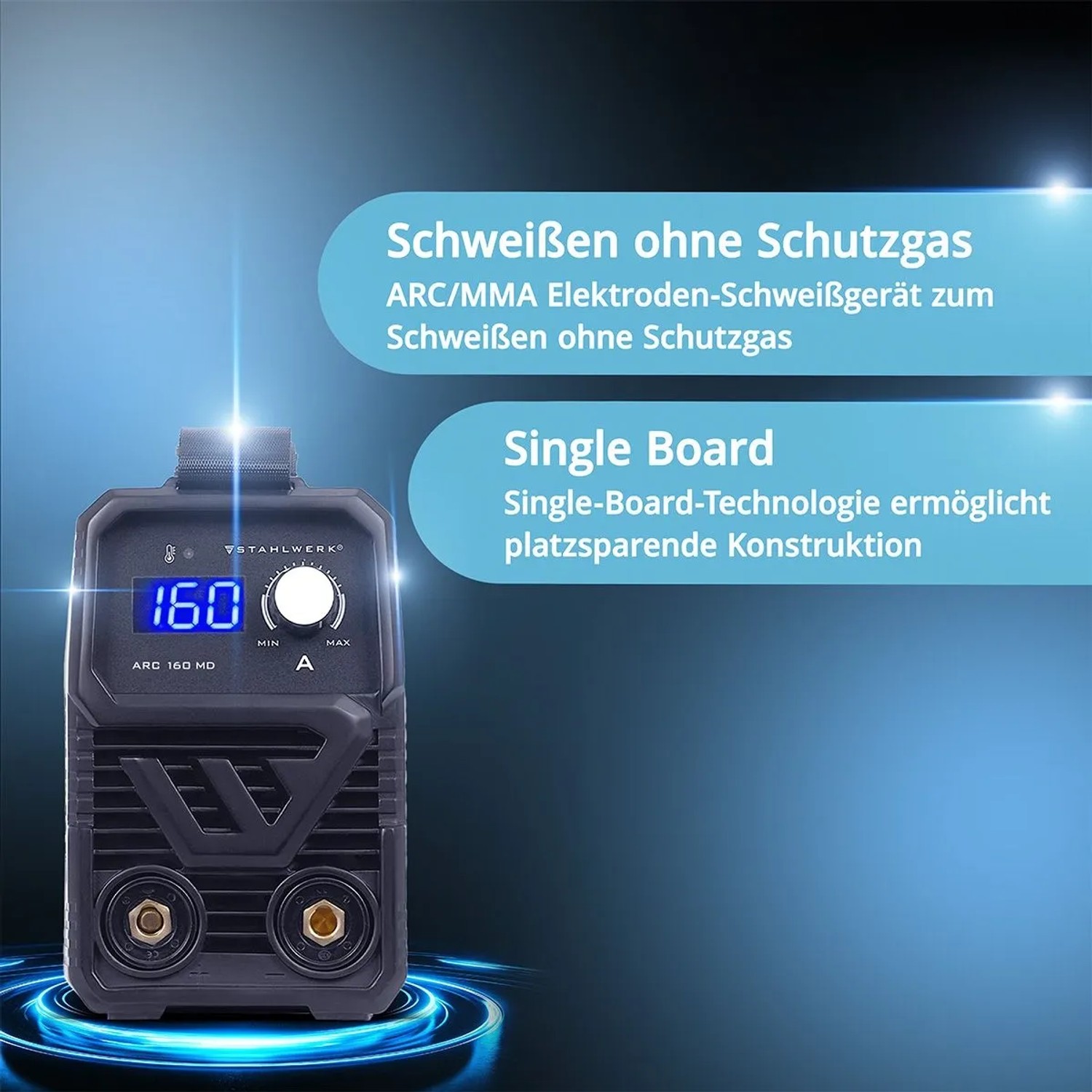 STAHLWERK ARC 160 MD Schweißgerät: Kompaktes E-Hand Schweißgerät mit digitaler Anzeige.