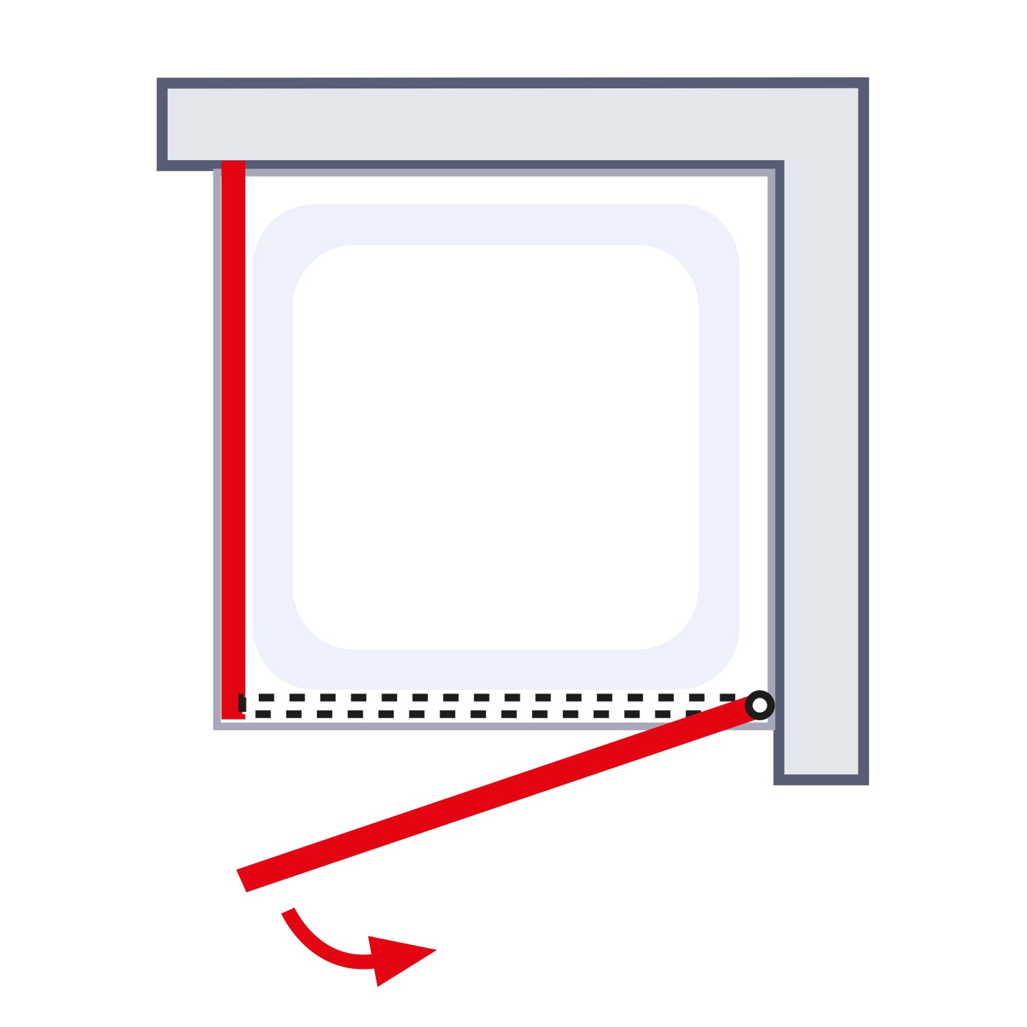 Skizze einer Schulte Alexa Style 2.0 Duschwand mit Drehtür und Seitenwand, die das Öffnen der Tür zeigt.