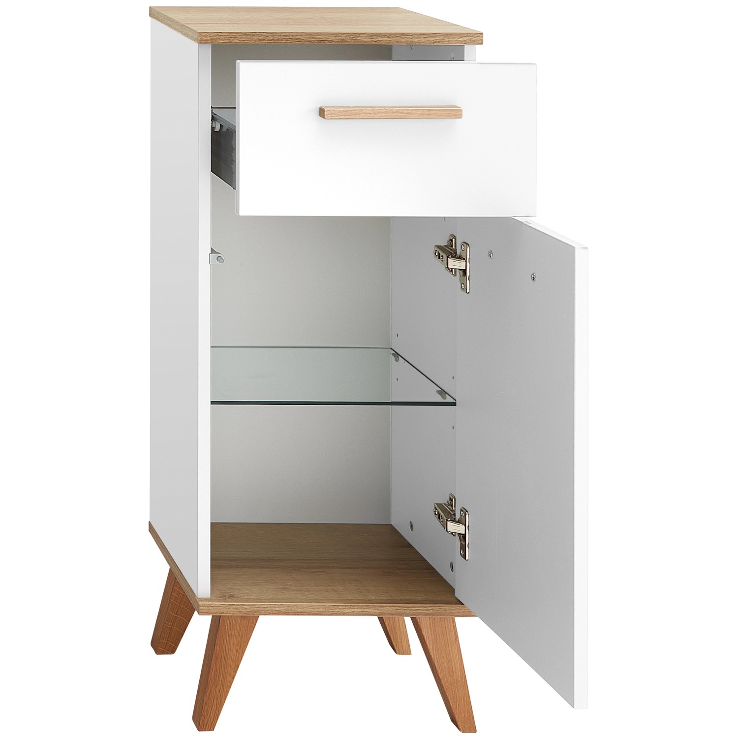 Pelipal Hochschrank aus dem Badmöbel-Set Quickset 923, weiß/riviera eiche, mit Schublade und Glastablaren.