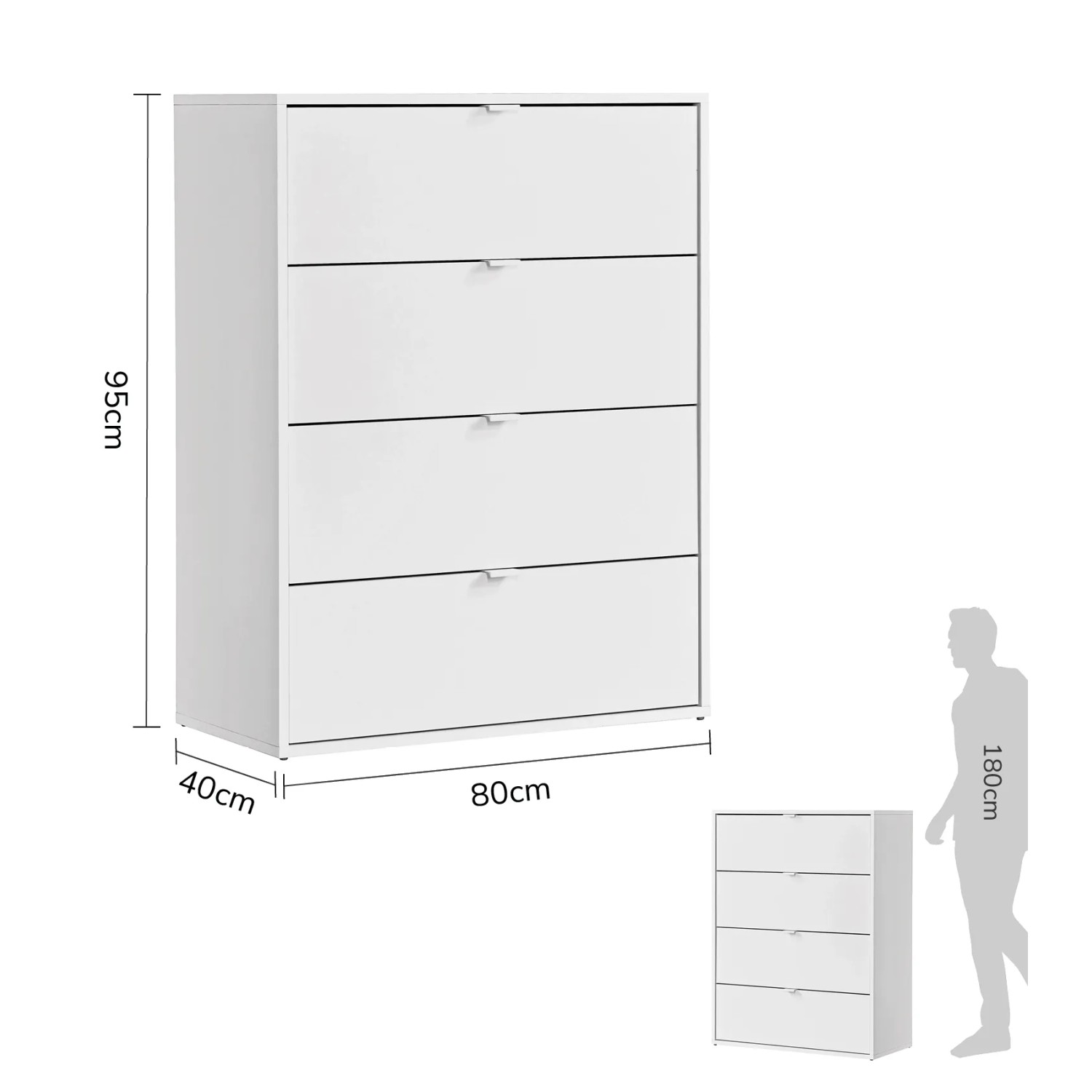 Weiße mokebo Kommode mit 4 Schubladen, modernes Sideboard für Wohn- und Schlafräume.