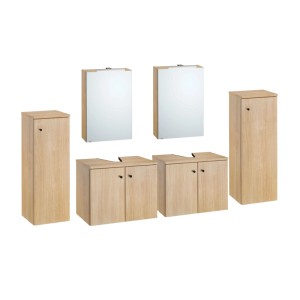 Doppel Badmöbel-Set Eiche Dekor: 2 Spiegelschränke mit LED, 2 Waschtischunterschränke, 2 Halbhochschränke. Modern.