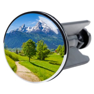 Sanilo Waschbeckenstöpsel Alpen mit Berglandschaft Motiv für handelsübliche Waschbecken.