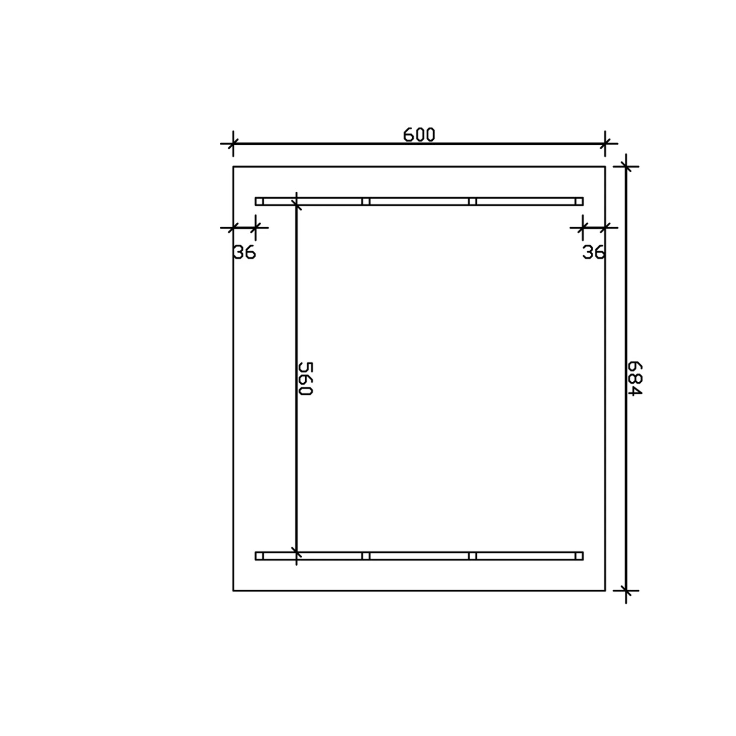 Skizze: Skan Holz Carport Schwarzwald, 684x600 cm, weiße Ausführung mit Dachlattung. Maße und Details.