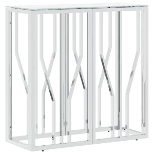 Silberner Konsolentisch vidaXL mit Glasplatte in Marmor-Optik, 70x30x70 cm, aus Edelstahl.
