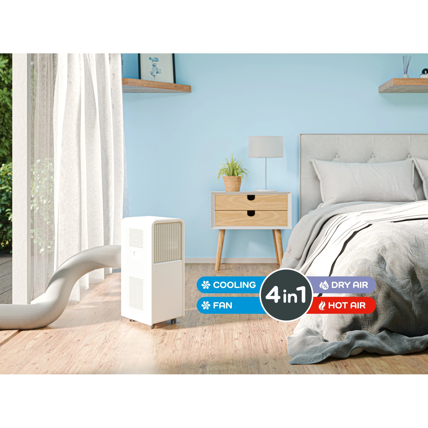 Mobiles Klimagerät KGM 12000-58 im Schlafzimmer, mit Kühl-, Heiz- und Entfeuchtungsfunktion.