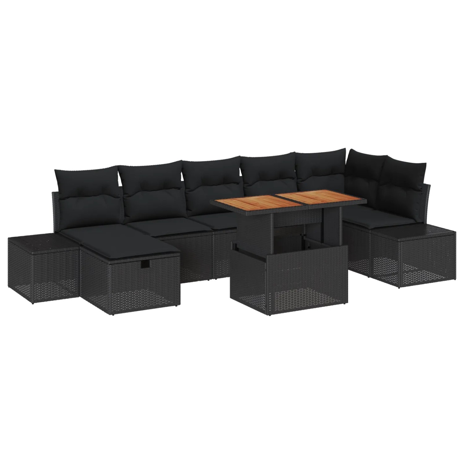 vidaXL 8-Teiliges Garten-Esszimmer-Set mit Kissen aus Schwarzem Poly Rattan Akazie 3361394