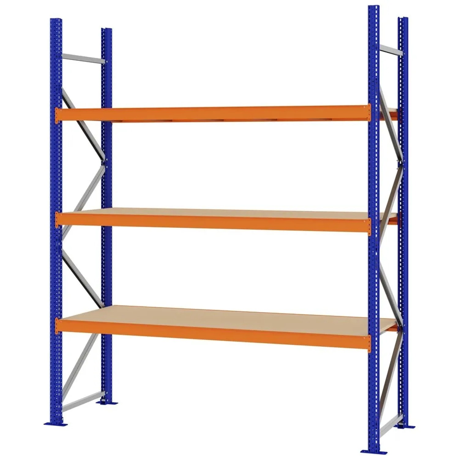 PROREGAL Weitspannregal Schraub-Stecksystem MAGNUS PRO Made In Germany Grundregal 250x200x60cm 3 Ebenen Spanplattenböden Fachlast 600kg Blau/Orange