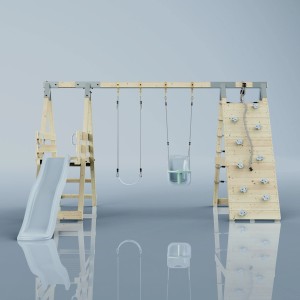 PolarPlay Klettergerüst Schmetterling Eisblau mit Schaukel, Rutsche und Kletterwand.