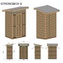 Upyard Gartenhaus Strongbox S aus Holz mit Fundament, naturbelassen, verschiedene Ansichten und Maße.