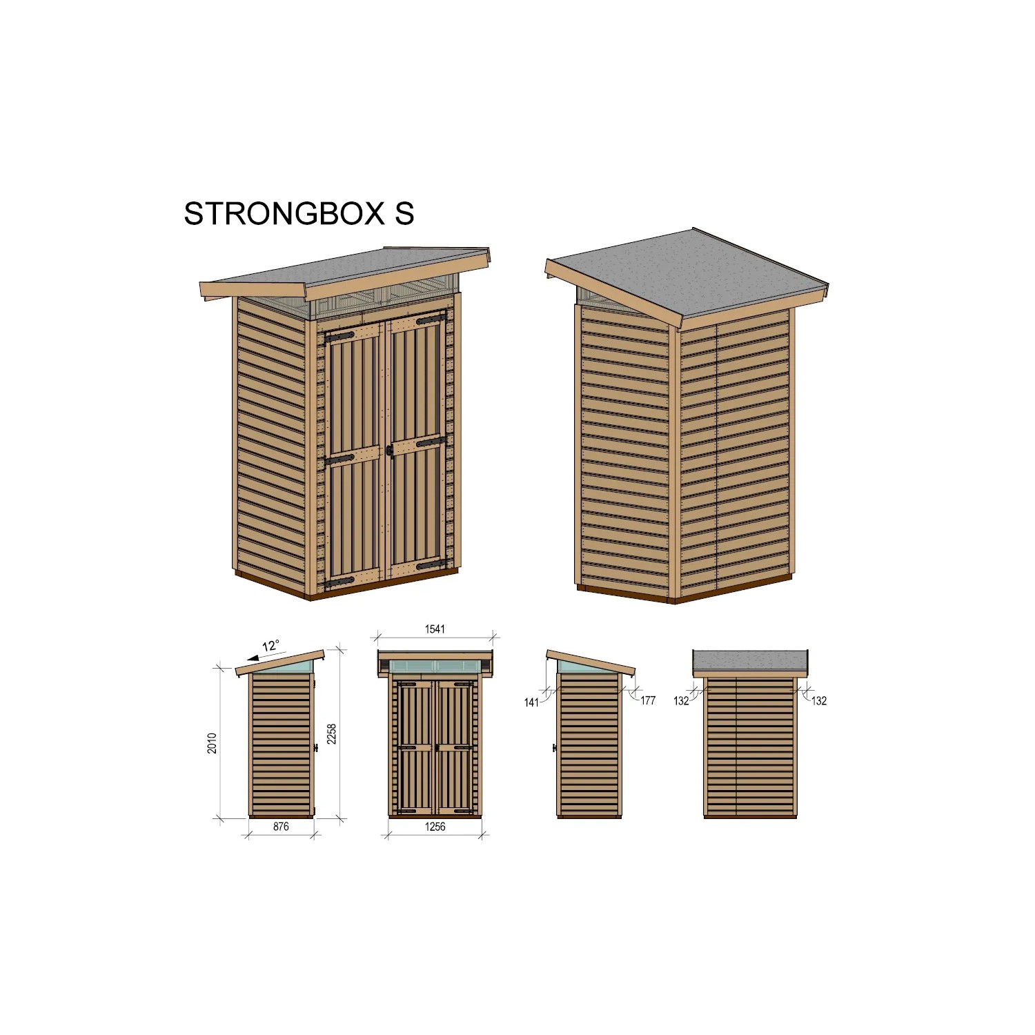 Upyard Gartenhaus Strongbox S aus Holz mit Fundament, naturbelassen, verschiedene Ansichten und Maße.