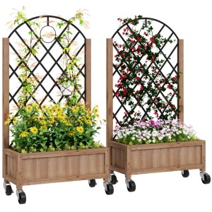 Outsunny Garten-Bett Set mit Rankgitter, Tannenholz, braun, auf Rollen mit Blumen bepflanzt.