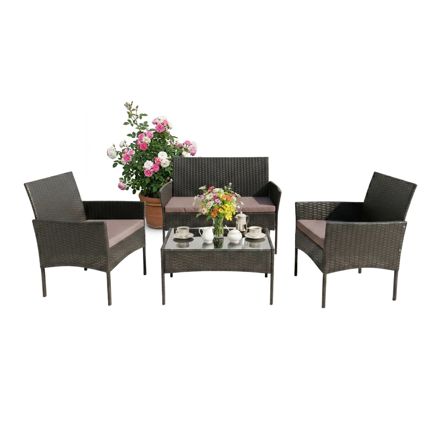 Relaxdays Gartenlounge Set Polyrattan Schwarz mit Auflagen 4-teilig
