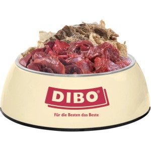Dibo Hunde-Barf Aktiv-Mix im Napf: Frostfutter mit Rindfleisch, Mägen, Lunge und Leber.