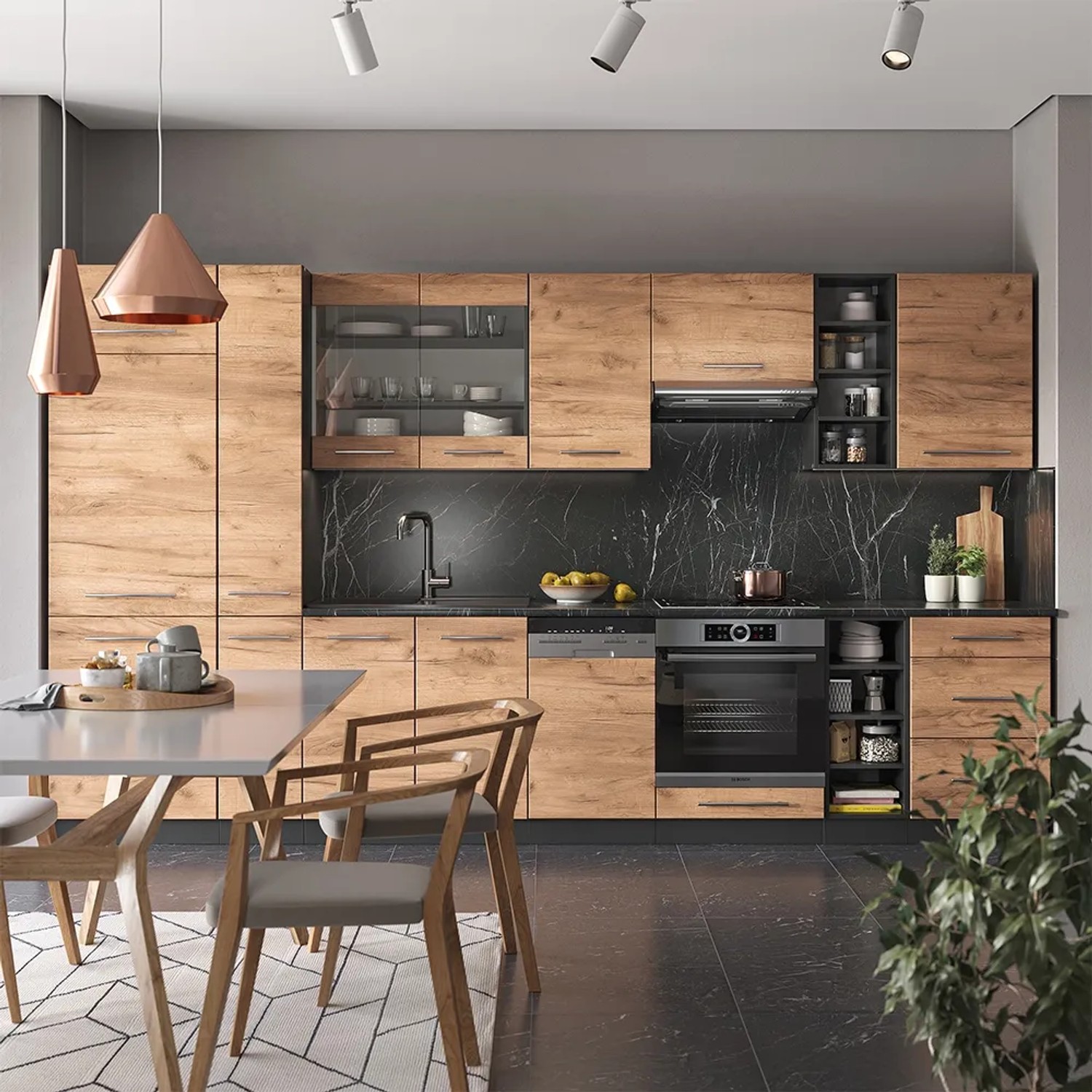 Vicco Fame-Line Küchenzeile in Eiche/Anthrazit (355 cm) mit Esstisch und Stühlen.