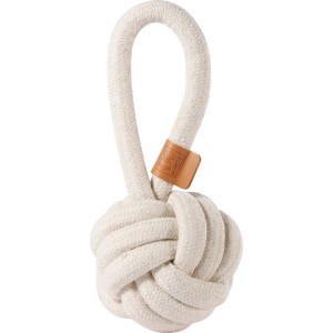 Weißer Hundespielzeug Ball mit Schlaufe (Ø 8 cm) für Zerr- und Tauspiele.