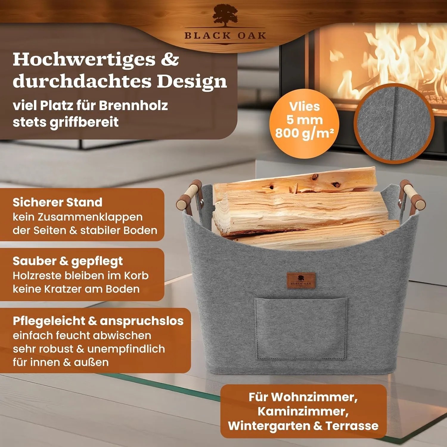 BLACK OAK Holzkorb MONTANA XL 60L Hellgrau – Filzkorb für Kaminholz & Brennholz mit Robusten Holzgriffen mit Echtleder-Applikation und Fronttasche_6