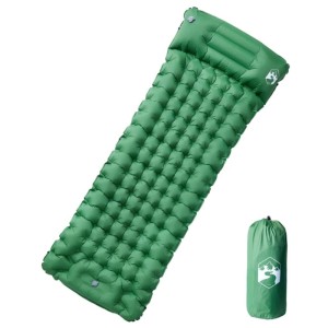 Grüne selbstaufblasende Isomatte mit integriertem Kissen und kompakter Tragetasche für Camping & Outdoor.