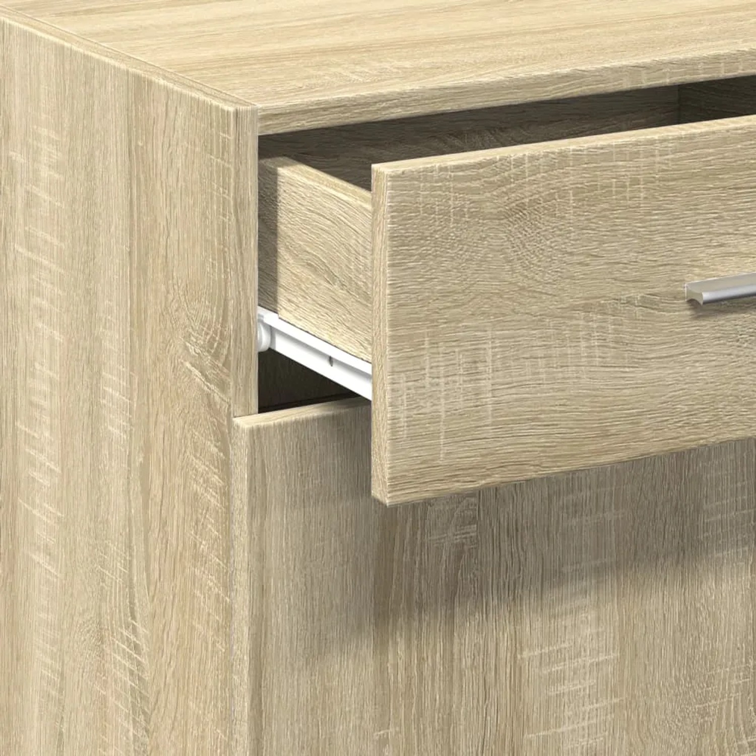 Detail vidaXL Sideboard Sonoma-Eiche: offene Schublade mit Griff, darunter Schranktür. Aus Holzwerkstoff.